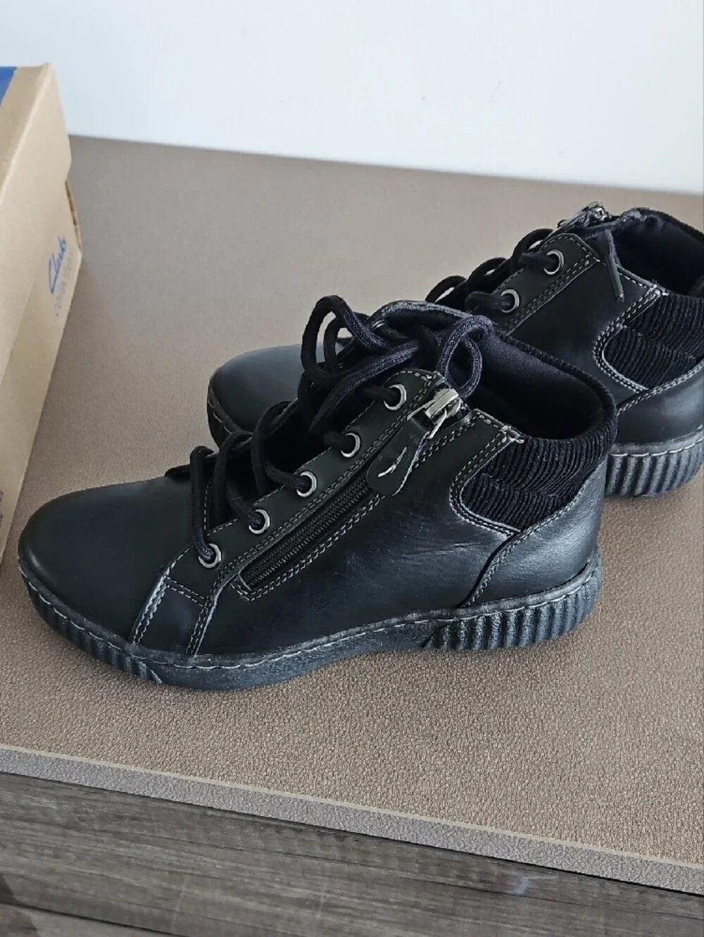 Clarks Black Leather Women's Lace-Up Ankle Boots with Side Zip